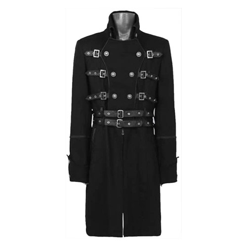 Men Black Double Breasted Belted Buckle Coat Gothic Fashion Trench Coat