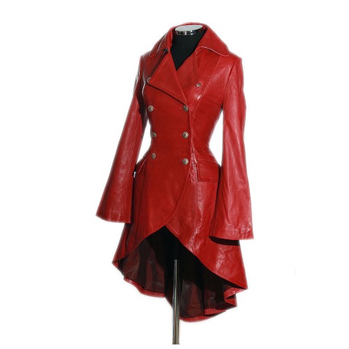 Women Full Length Military Style Trench Leather Coat Red Women Full ...