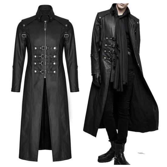 Men Long Black Gothic Imitation Leather Coat Steampunk Badboy Men Long Coat