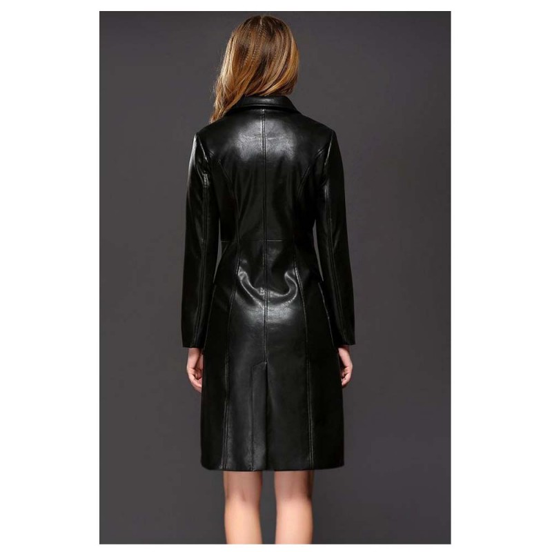 Women Ginger Sheepskin PU Leather Coat Gothic Black Winter Double-Breasted Trench Coat