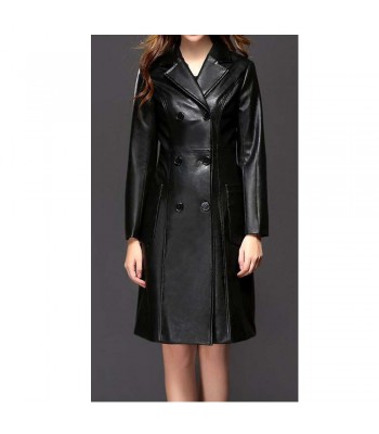 Women Ginger Sheepskin PU Leather Coat Gothic Black Winter Double-Breasted Trench Coat