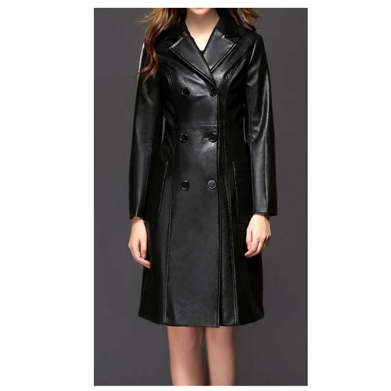 Women Ginger Sheepskin PU Leather Coat Gothic Black Winter Double-Breasted Trench Coat