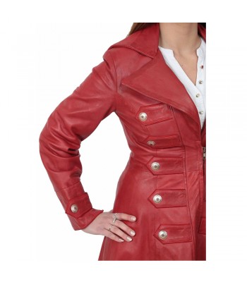 Women Full Length Leather Coat Military Style Steampunk Trench Leather Red Coat