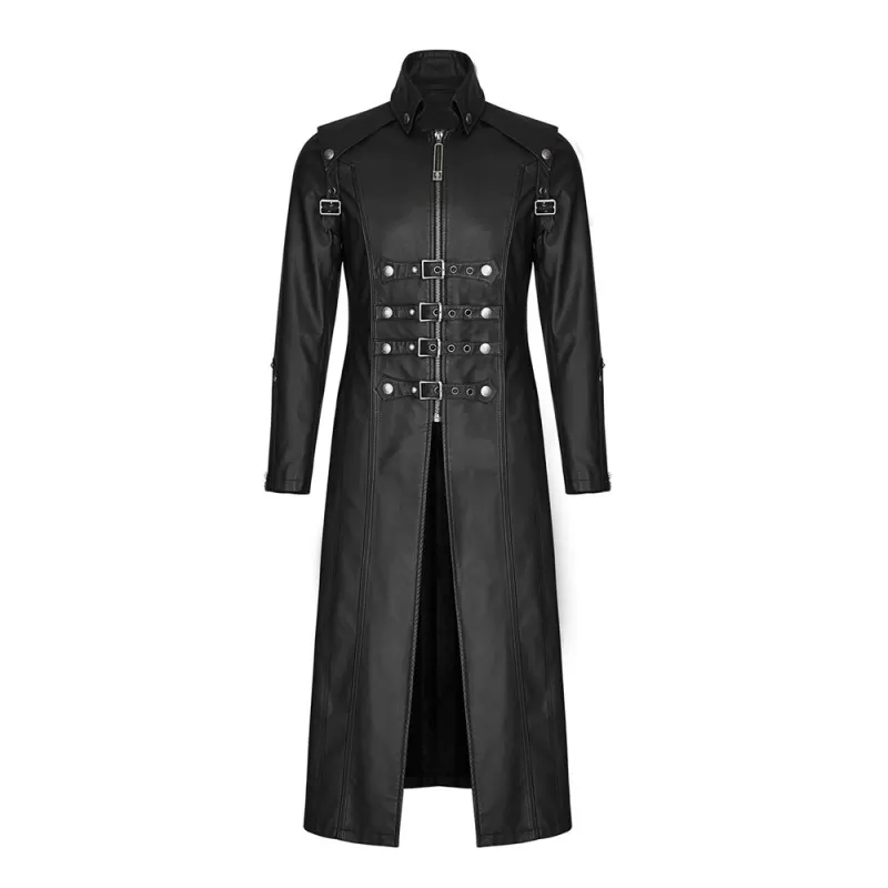 Men Long Black Gothic Imitation Leather Coat Steampunk Badboy Men