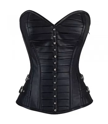 Black Leather Underbust Corset Full Steel Boned Spiral Lacing Basque Sexy  Shaper
