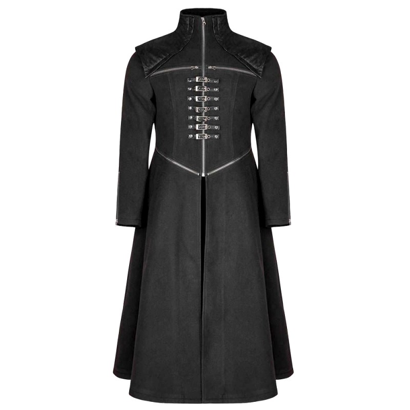 Men Gothic Long Coat with Zippers and Straps, Black Gothic Visual Fantasy Gothic Fashion