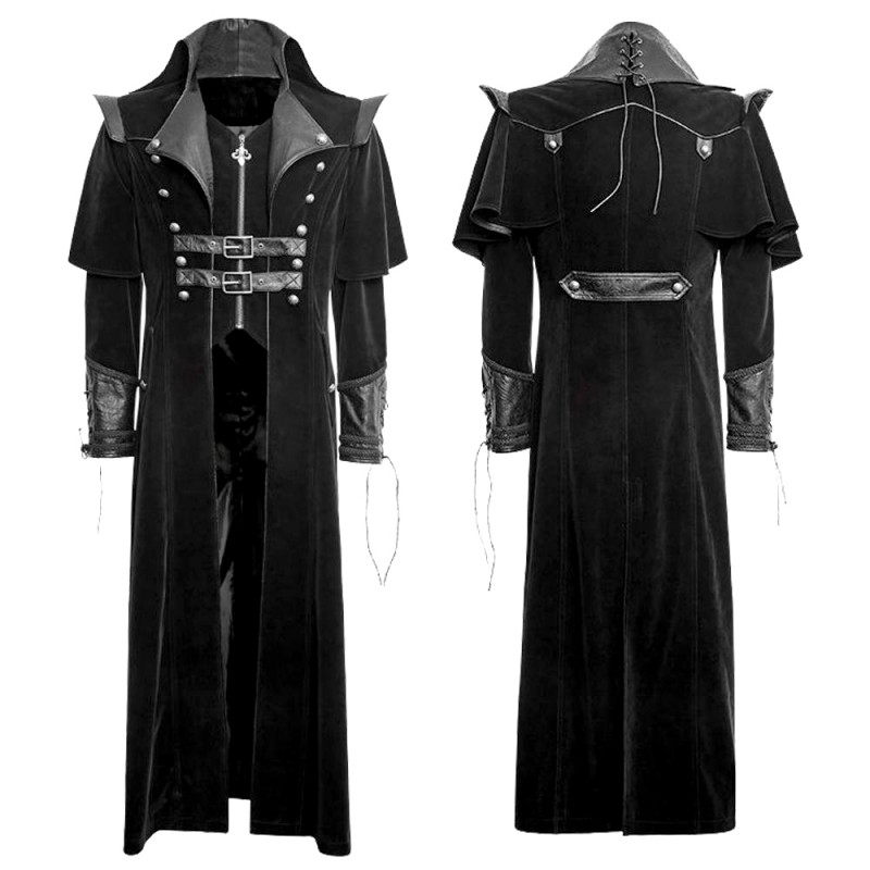 Men Steampunk Trench Coat Victorian Slim Suit Collar Solid Double Breasted Zipper Coat