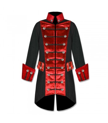 Men Handmade Red Velvet Trim Goth Steampunk Pirate Men Gothic Coat 