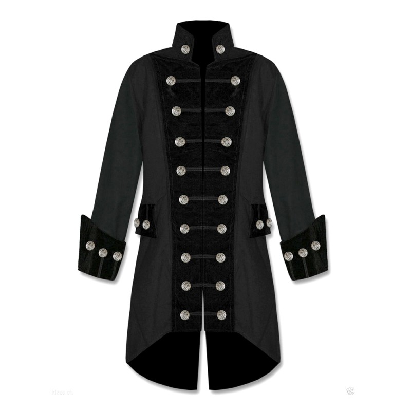 Men Handmade Red Velvet Trim Goth Steampunk Pirate Men Gothic Coat