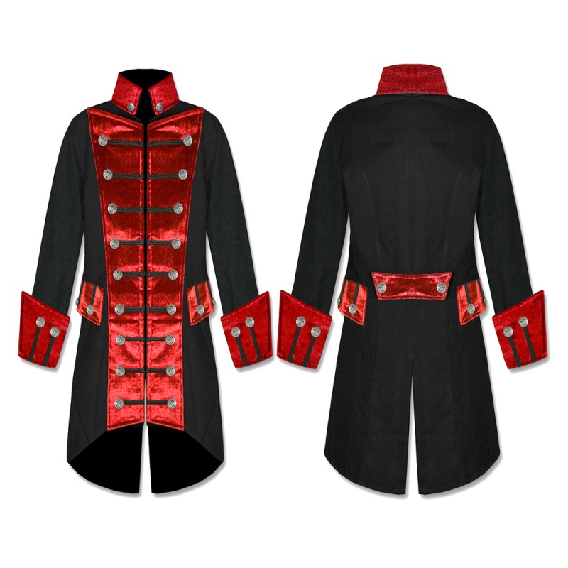 Men Handmade Red Velvet Trim Goth Steampunk Pirate Men Gothic Coat