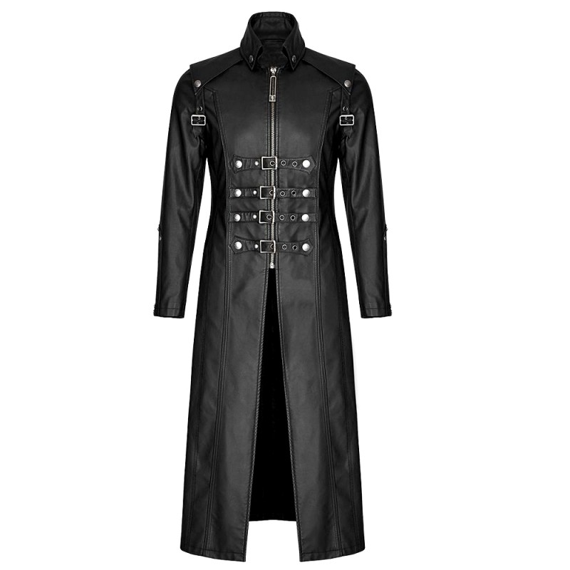 Men Long Leather Coat Gothic Steampunk Plus Size Trench Coat Adjustable Straps Overcoat