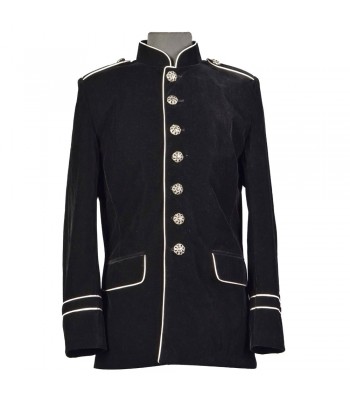 Mens Gothic Military Velvet Jacket White Piping Trim Coat