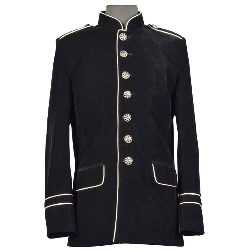 Mens Gothic Military Velvet Jacket White Piping Trim Coat