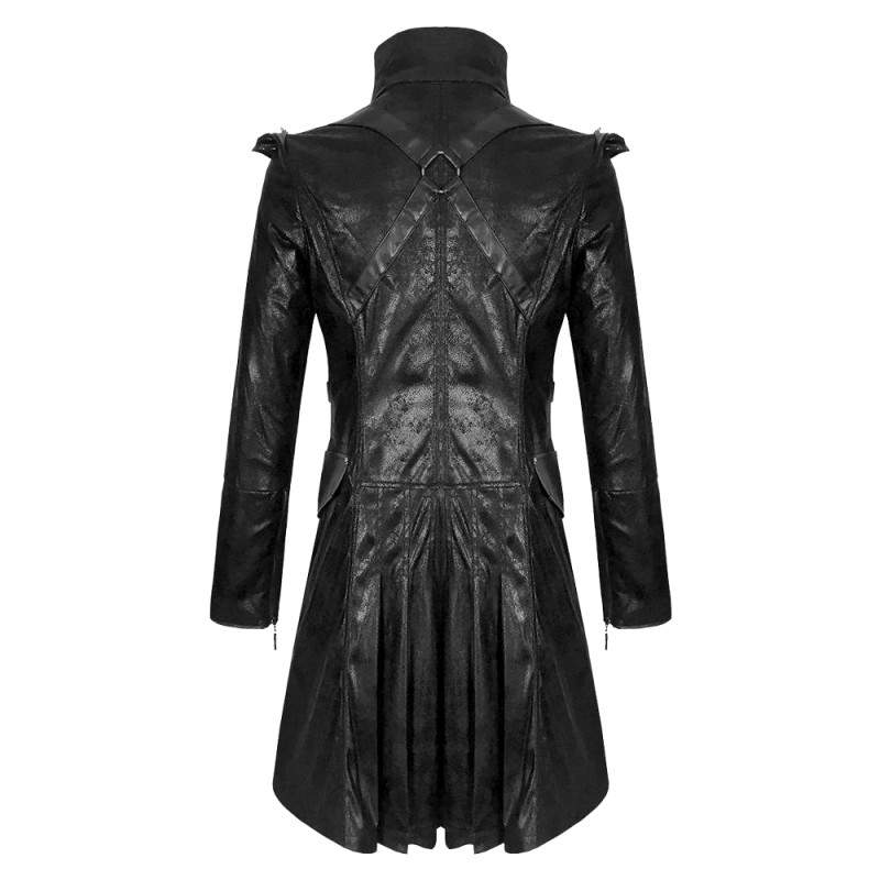 Men Steampunk Coat Black Goth Punk Faux Leather Military Style Coat Tailcoat Frock