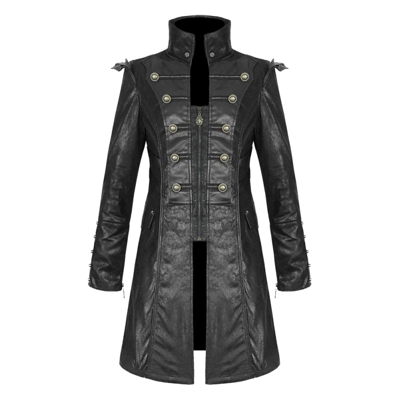 Men Steampunk Coat Black Goth Punk Faux Leather Military Style Coat Tailcoat Frock