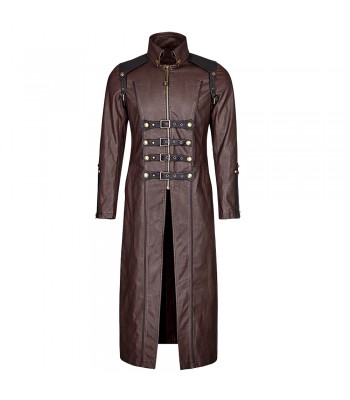 Men Long Leather Coat Plus Size Trench Coat Adjustable Straps