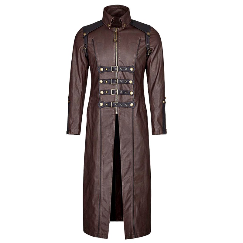 Men Long Leather Coat Plus Size Trench Coat Adjustable Straps