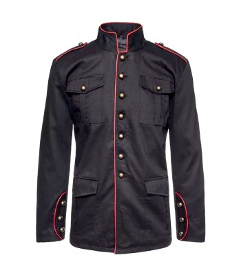 Handmade Men Military Coat Red Piping Jacket Black Gothic Steampunk Vtg Solid 100% Cotton Coat