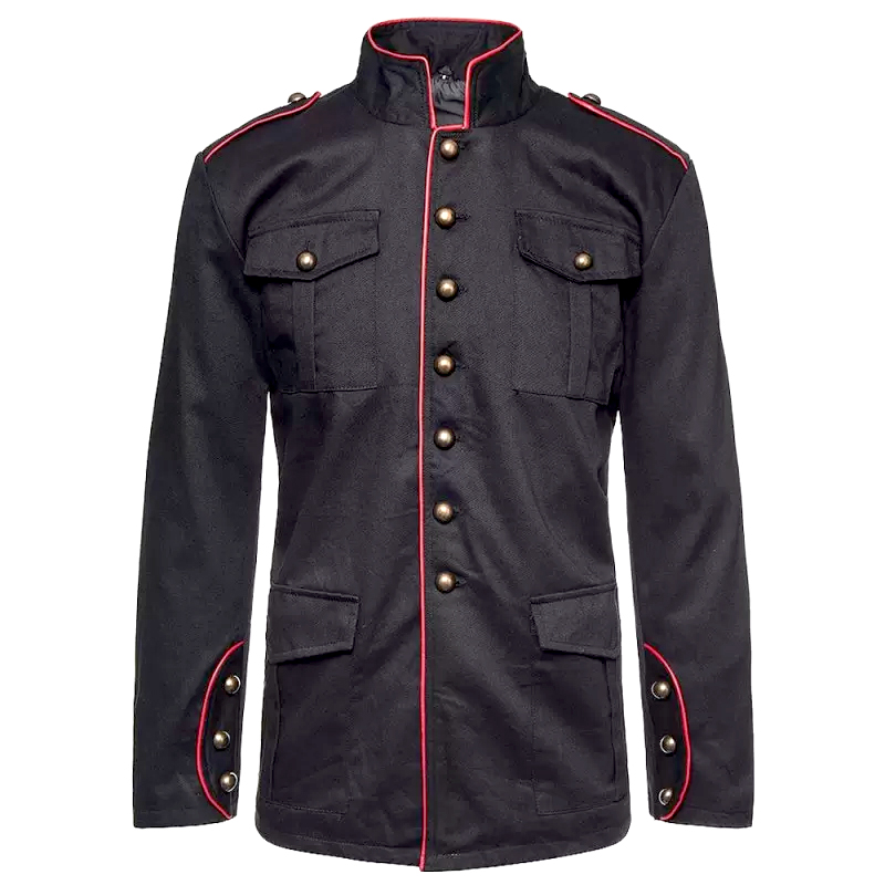 Handmade Men Military Coat Red Piping Jacket Black Gothic Steampunk Vtg Solid 100% Cotton Coat