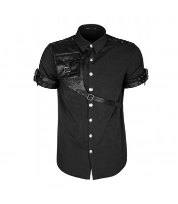 Steampunk Casual Shirt With Black Leather Pocket And Adjustable Straps