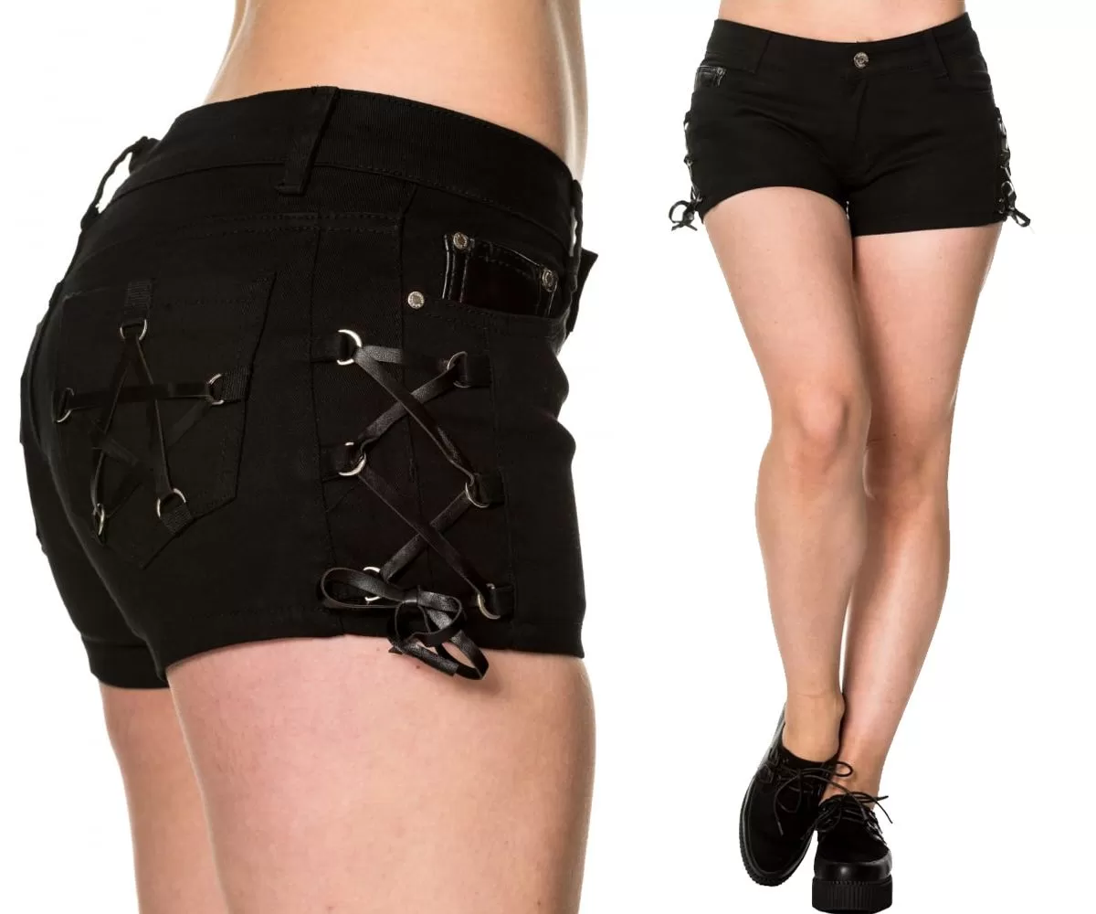 Women Gothic Black Denim Badass Babes Mini Shorts