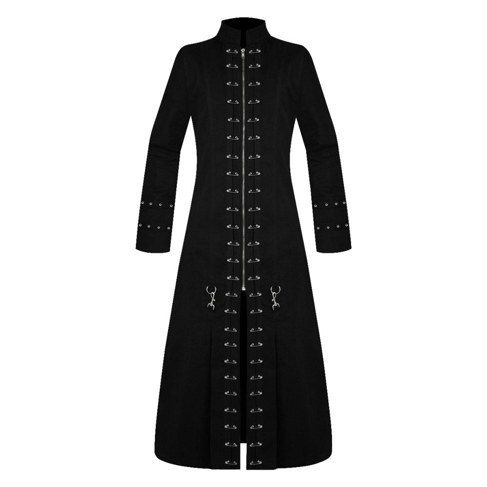 Men Gothic Coat Black Punk Pin Head Vampire Jacket Handmade Trench Coat